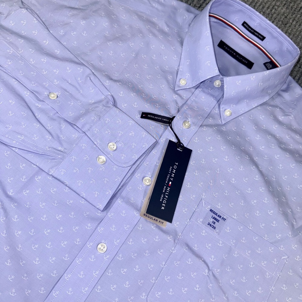 Tommy Hilfiger Mens Regular Fit Non-Iron Anchor Print Shirt Blue Large 16 34/35